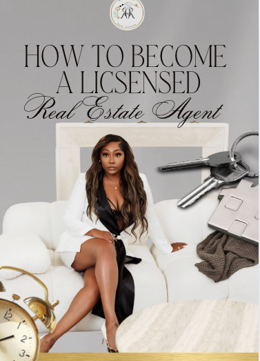 Woman sitting on a couch with keys and a clock, text about becoming a licensed real estate agent.